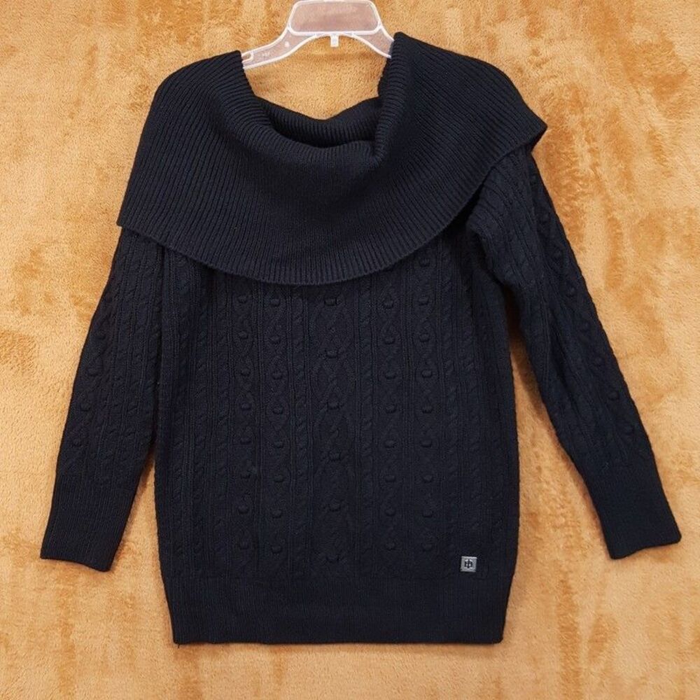 TOMMY HILFIGER Sweater Womens Large Black Pullover Off The Shoulder Cableknit